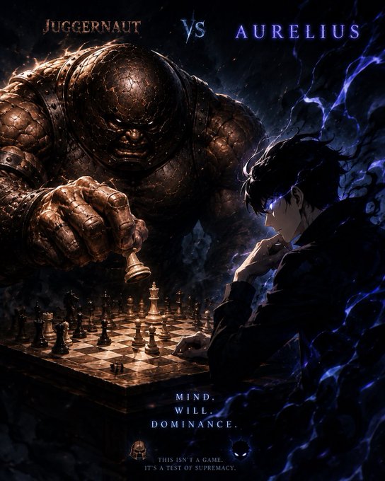A colossal armored titan labeled "JUGGERNAUT" looms over a chessboard, facing off against a dark-haired figure named "AURELIUS" who is wreathed in shadowy energy, with the tagline "MIND. WILL. DOMINANCE. THIS ISN'T A GAME. IT'S A TEST OF SUPREMACY." The epic chess battle imagery mirrors the post's analogy of $JUGGERNAUT as a powerful force on the verge of a major breakout, with the contributor positioning themselves as the strategic player—Aurelius—backing it early and now anticipating its next leg up, especially with a Robinhood listing on the horizon.