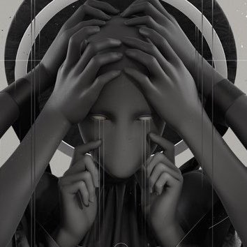 A surreal black-and-white digital artwork shows a figure with smooth, featureless skin being touched by multiple hands, with streams of liquid flowing from empty eye sockets.