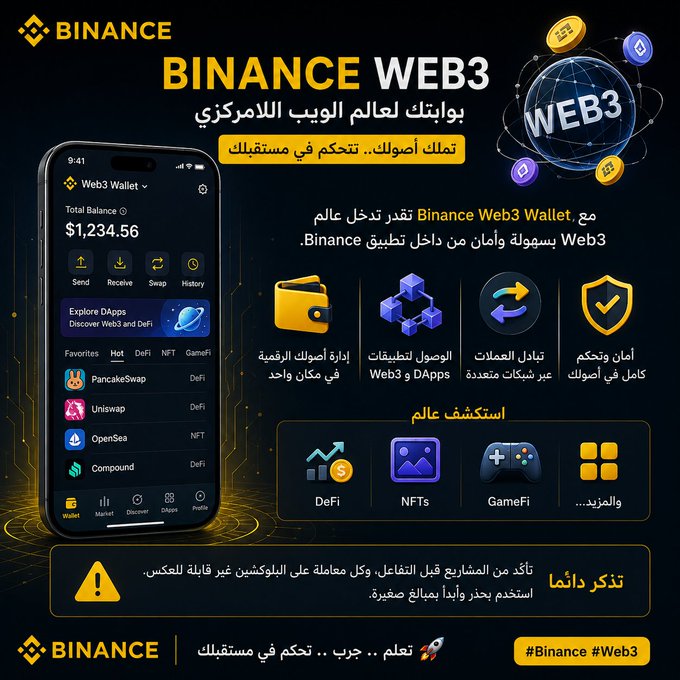 An advertisement in Arabic for 'Binance Web3' Wallet, showcasing features like Web3 & DApps, asset exchange, and secure access, with a total balance of $1,234.56.