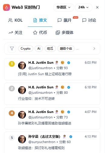 A Web3 social media feed in Chinese ('Web3 实时热门') shows trending posts by H.E. Justin Sun (@justinsuntron) and Sun Yuchen (@sunyuchentron) listed in the top rankings.