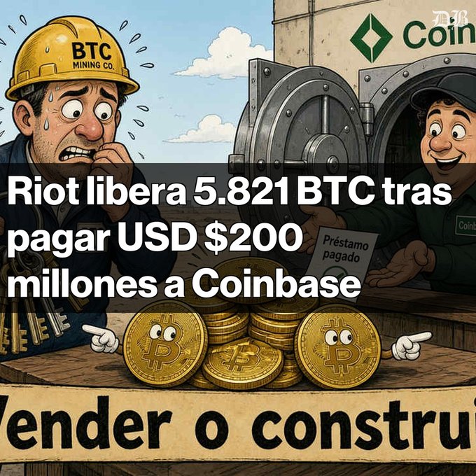 A cartoon-style graphic showing miners and Bitcoin coins with text reading 'Riot libera 5.821 BTC tras pagar USD $200 millones a Coinbase' alongside a Coinba logo.