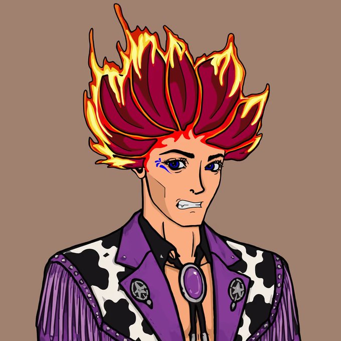 A digital illustration of an anime-style character with fiery red and yellow spiked hair, blue eyes with star markings, wearing a purple and black cow-print outfit with star conchos and a purple bolo tie.
