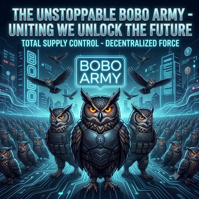 A promotional graphic reading "THE UNSTOPPABLE BOBO ARMY - UNITING WE UNLOCK THE FUTURE - TOTAL SUPPLY CONTROL - DECENTRALIZED FORCE," featuring armored owls and a central "BOBO ARMY" logo.