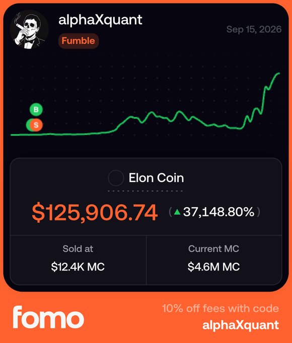 A 'fomo' trading card from user alphaXquant dated Sep 15, 2026, showing an 'Elon Coin' that sold at $12.4K MC with current price $125,906.74, up ▲37,148.80%, with promo code 'alphaXquant' for 10% off fees.