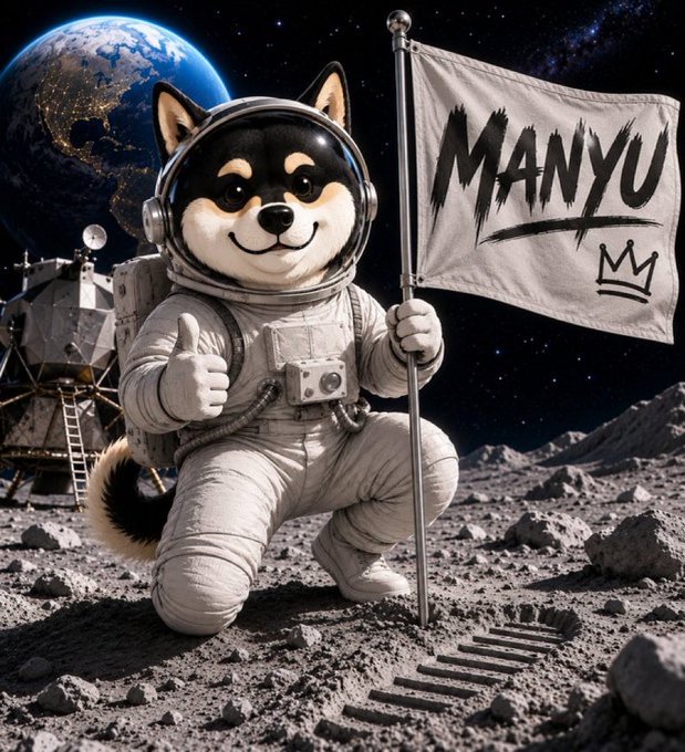 The image features a Shiba Inu dog dressed as an astronaut, holding up a flag with the word "MANYU" written on it. The background of the image shows a planet or moon, suggesting that this scene takes place in outer space. The caption below the image reads "Go $MANYU! We $MANYU - fest", which is likely a reference to the popular video game series "The Moon".