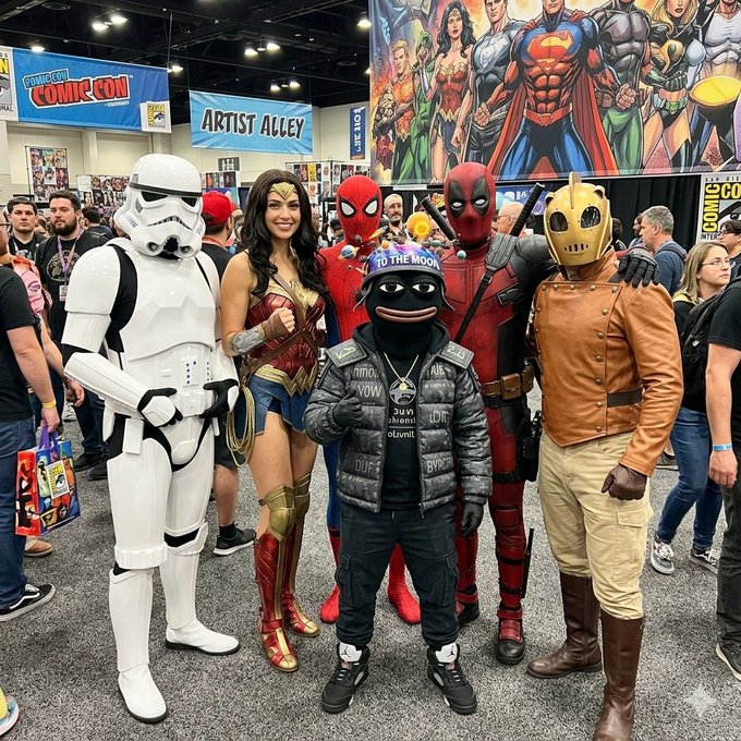 A group photo at a comic convention featuring cosplayers dressed as Stormtrooper, Wonder Woman, Spider-Man, Deadpool, the Rock-afire Explosion's Chuck E. Cheese-style character, and the Rocketeer, with 'Artist Alley' and superhero banners visible in the background.