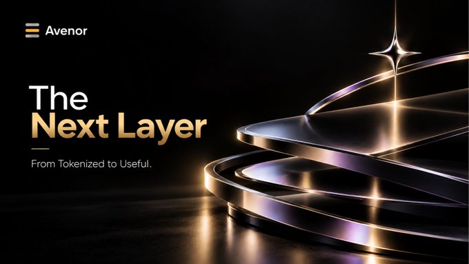 An Avenor promotional graphic reads 'The Next Layer - From Tokenized to Useful' against a dark background featuring a metallic, layered disc design with light reflections.