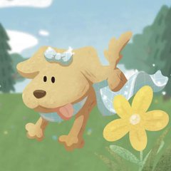 An animated illustration of a happy tan dog running through a grassy field with a large yellow flower in the foreground.