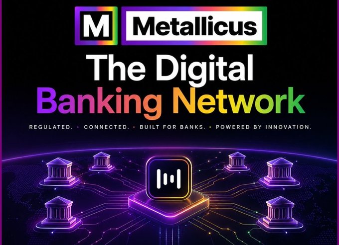Metallicus promotional graphic for 'The Digital Banking Network' described as 'REGULATED • CONNECTED • BUILT FOR BANKS • POWERED BY INNOVATION.'
