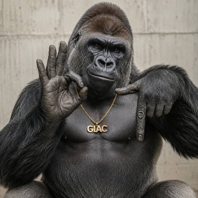 A photograph of a gorilla making hand gestures while wearing a gold chain with a 'GIAC' pendant, displayed against a concrete wall.