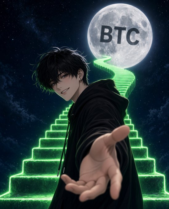 An anime-style figure in a black hoodie extends a welcoming hand against a starry night sky, with a glowing green neon staircase leading up to a full moon labeled "BTC." The ethereal ascent toward the Bitcoin-labeled moon perfectly complements the post's poetic invitation to ride BTC toward the moon.