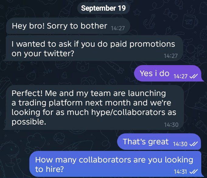 A Telegram conversation dated September 19 shows someone asking about paid Twitter promotions for an upcoming trading platform launch, with the recipient confirming they offer paid promotions and asking how many collaborators are needed to hire. The exchange aligns with the post celebrating securing a paid collaboration gig through a web3 job referral.
