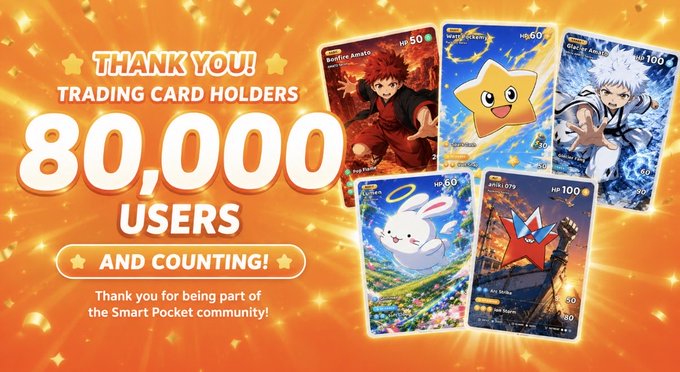 A promotional graphic on an orange background celebrates 'THANK YOU! TRADING CARD HOLDERS 80,000 USERS AND COUNTING!' featuring 'Smart Pocket' trading cards with characters from various anime including what appears to be Demon Slayer, Hunter x Hunter, and others.