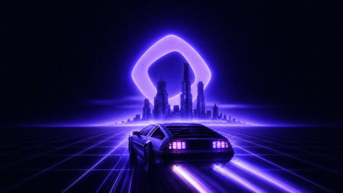 Synthwave-style digital art of a DeLorean-style car driving toward a neon purple city skyline under a glowing teardrop-shaped sky.