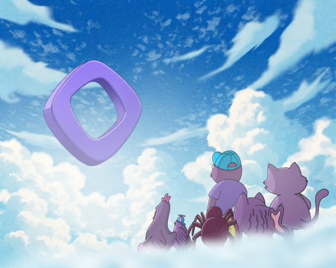 A group of creatures including cats, a character in a blue cap, and a small bird sit on fluffy clouds gazing up at a large purple "O" floating in the sky, evoking the "gmonad" crypto meme where "O" humorously represents the Monad token's stable performance since launch.