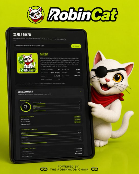 A Robinhood Chain promotional image showing a 3D white cat character with an eyepatch next to a tablet displaying a "RobinCat" token scan and SAFE CAT analysis.