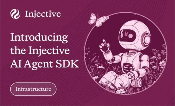 A purple promotional graphic announcing 'Injective AI Agent SDK' featuring a robot illustration with a butterfly in a meadow.