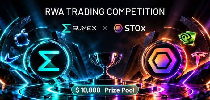Promotional banner for the "RWA Trading Competition" between Sumex and ST0X, featuring a glowing neon design with a central trophy, $10,000 prize pool, and iconic stock brand logos (Apple, Nike, Nvidia, Tesla) on either side, visually highlighting the partnership's launch of on-chain stock and real-world asset trading.