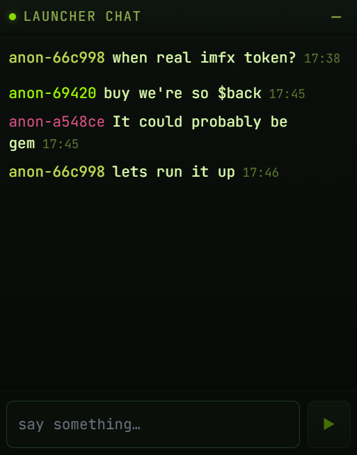 A "LAUNCHER CHAT" interface displays an anonymous crypto chat with users discussing the "$IMFX" token, with messages like "when real imfx token?", "buy we're so $back", "It could probably be gem", and "lets run it up." This relates to the post announcing the new anonymous Launcher Chat feature on the IMF app, allowing users to sign in, connect a wallet, and message freely.