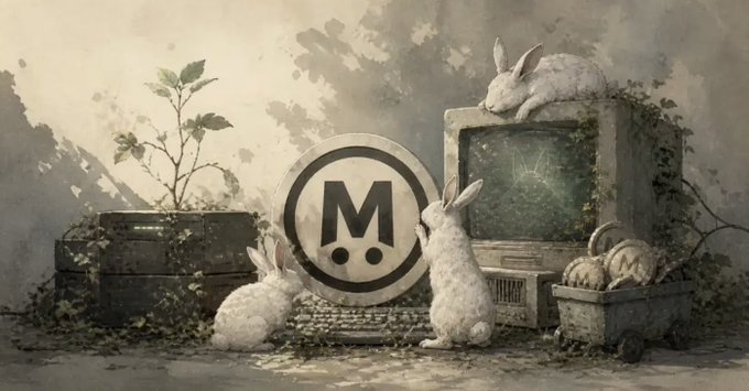 The image shows a group of white rabbits sitting around a television set that has been rendered in black and white, with the word "M" written on it. The rabbits are positioned near a pile of boxes and plants, which appear to be part of an art installation or a creative display. The scene is set against a gray background, creating a contrast between the natural elements and the man-made objects.