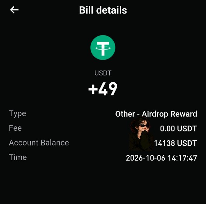 A digital screenshot of a 'Bill details' page for a USDT transaction showing '+49' as 'Other - Airdrop Reward' with an account balance of '14138 USDT' and timestamp '2026-10-06 14:17:47'.