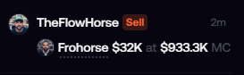 The image shows a trading platform notification where an account called "TheFlowHorse" has executed a "Sell" order, selling a token called "Frohorse" worth $32K at a market cap of $833.3K. The post uses this as an example of someone who promised not to sell their airdropped coin but immediately dumped it for profit.
