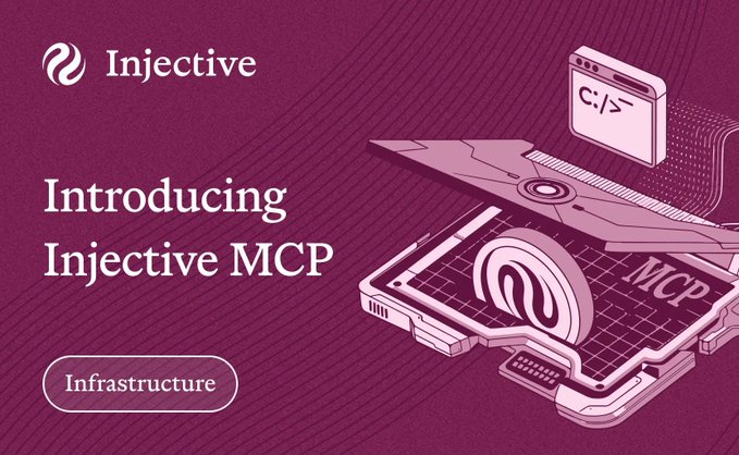 A promotional graphic with a maroon background introducing "Injective MCP" under the Injective brand, labeled as "Infrastructure" with stylized computer hardware illustrations.
