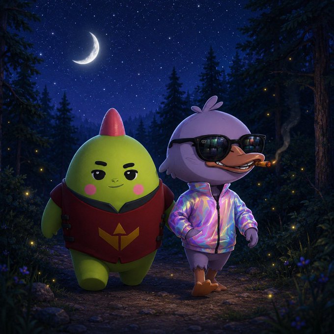 The image features two cartoon characters, a green frog and a purple duck, walking together through a forest at night with stars above them. The frog character has a red shirt and a pink hat, while the purple duck character wears sunglasses and a jacket. They are both smiling as they walk along the path in front of them. In the background, there is a crescent moon visible among the trees, adding to the nighttime atmosphere of the scene.
