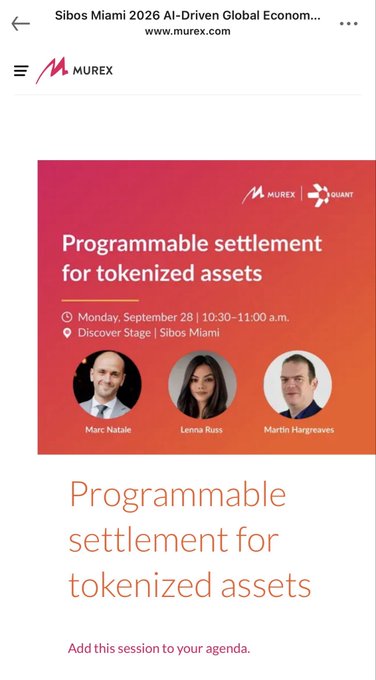 A mobile webpage screenshot for Sibos Miami 2026 AI-Driven Global Economy event by murex.com, promoting a session titled 'Programmable settlement for tokenized assets' featuring speakers Marc Natale, Lenna Russ, and Martin Hargreaves on Monday, September 28 at Discover Stage.