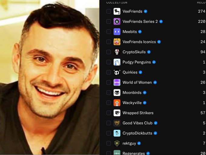 A smiling man appears next to a list of NFT collections including VeeFriends (274), VeeFriends Series 2 (220), Meebits (28), VeeFriends Iconics (24), CryptoSkulls (94), Pudgy Penguins (1), Quirkies (3), World of Women (26), Moonbirds (3), Wackyville (1), Wrapped Strikers (57), Good Vibes Club (5), CryptoDickbutts (2), rektguy (7), and Regenerates.