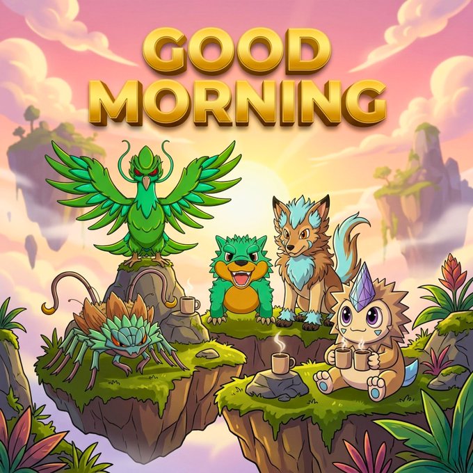 A colorful cartoon illustration features the text "GOOD MORNING" in bold gold letters at the top, depicting cute mythical creatures—a green parrot-like bird, a green dragon, a blue wolf, a horned bunny, and a crab—gathered on floating islands with steaming mugs of coffee.