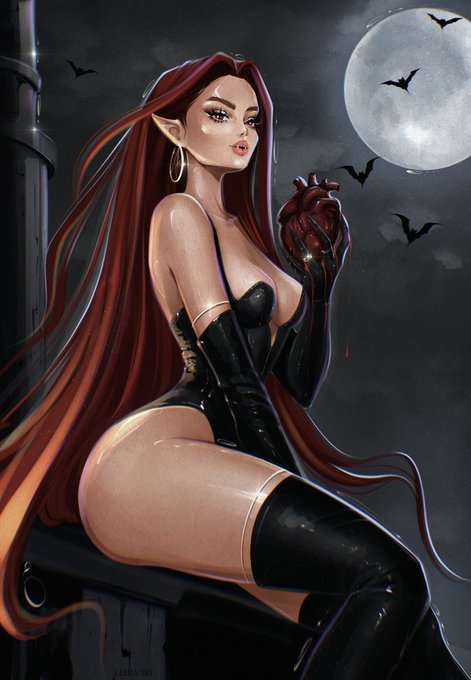A digital illustration depicts a woman with long dark red hair wearing a black corset and thigh-high boots, holding an anatomical heart against a night sky with a full moon and flying bats.