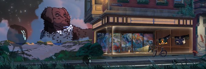 An anime-style illustration of a storefront at night with a bicycle parked outside, alongside a large brown dog character looming in the background sky.
