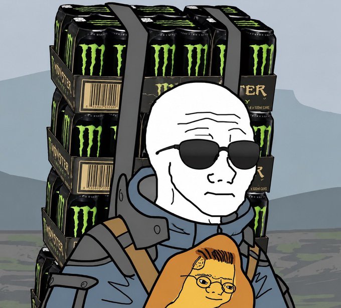 The image features a man wearing sunglasses, carrying a backpack filled with cans of Monster energy drinks. The man appears to be a fan of the brand or perhaps an employee promoting them. The scene takes place outdoors, possibly at a market or event where the man is selling the energy drink products.
