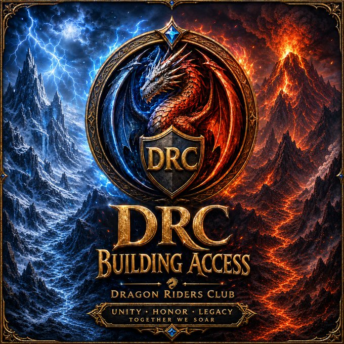 A fantasy-themed promotional graphic for 'DRC - Dragon Riders Club' featuring a split blue lightning and red fire background with a dragon emblem and the tagline 'UNITY • HONOR • LEGACY, TOGETHER WE SOAR.'