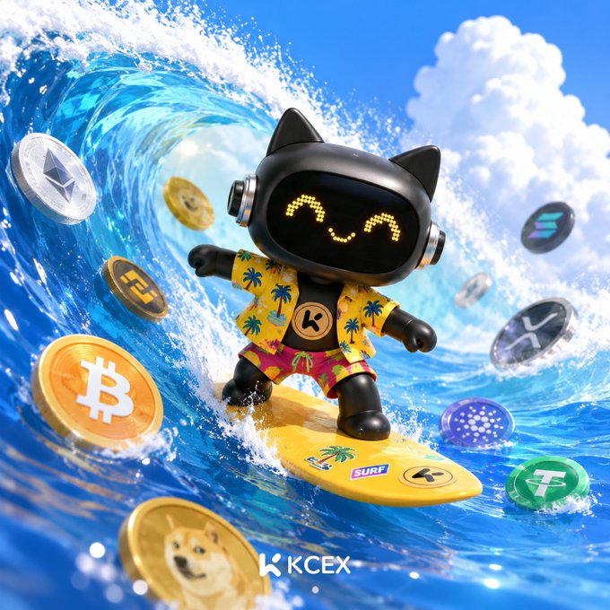 A 3D-rendered illustration from KCEX featuring a robot mascot with cat ears wearing a Hawaiian shirt while surfing on a yellow surfboard amidst a wave of various cryptocurrency coins including Bitcoin and Ethereum.