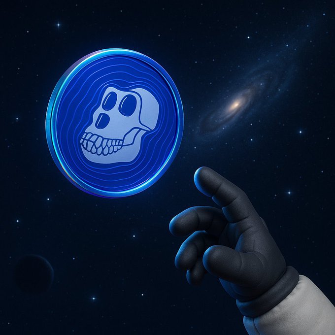 A digital artwork depicting a black-gloved hand pointing toward a blue holographic disc featuring a stylized skull face, set against a starry space backdrop with a spiral galaxy.