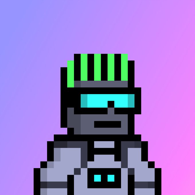 A pixel art character resembling a futuristic soldier or robot with green hair, cyan goggles, and gray armor against a purple-to-pink gradient background.