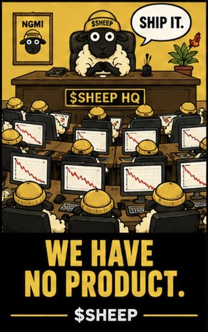 A cartoon meme depicting sheep wearing hard hats at '$HEEP HQ' watching declining stock charts, with text 'NGMI', 'SHIP IT.', and 'WE HAVE NO PRODUCT. $HEEP'.
