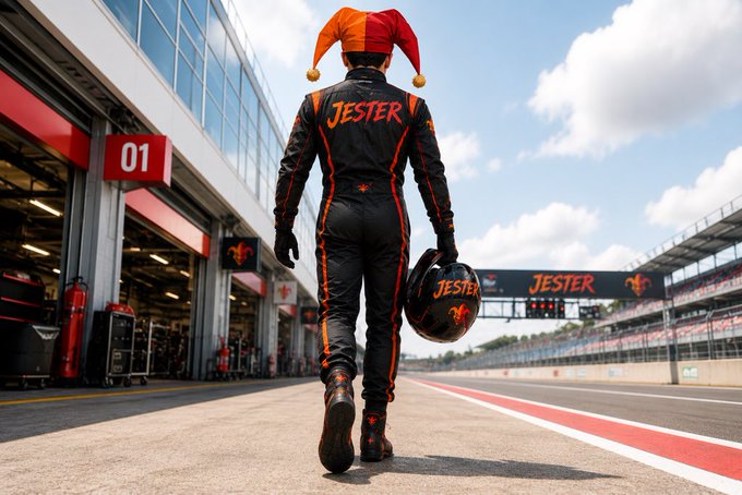 A racing driver wearing a black and orange suit with "JESTER" printed on the back and an orange jester hat walks down a pit lane toward a track marked with the "JESTER" banner and a "01" garage sign. The image showcases the image-generation pipeline "seedance 2.5 + gpt," combining Seedance 2.5's visual rendering with GPT-driven prompt crafting to produce a cohesive, branded scene featuring custom text elements like "JESTER" and "01."