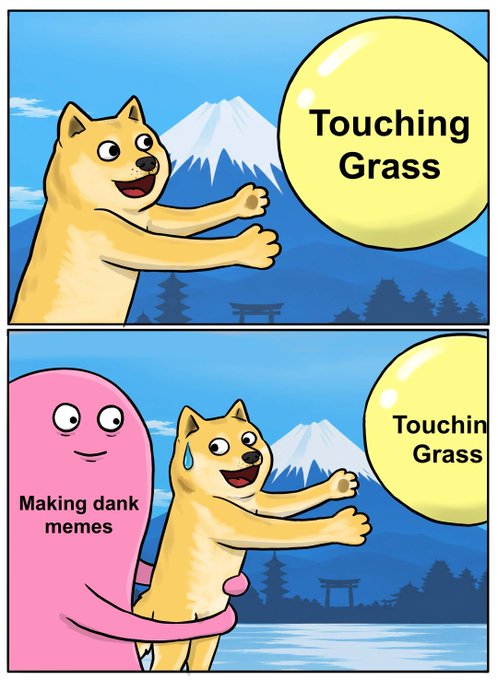 A two-panel meme featuring a Shiba Inu dog character, where in the first panel it eagerly reaches for a balloon labeled "Touching Grass," and in the second panel, the dog is being hugged from behind by a pink figure labeled "Making dank memes," preventing it from reaching the "Touching Grass" balloon. The image humorously illustrates how the creator (superelmerds, known for the Running Away Balloon meme) is tempted by "making dank memes" instead of "touching grass," tying into the post's theme of supporting original creators.
