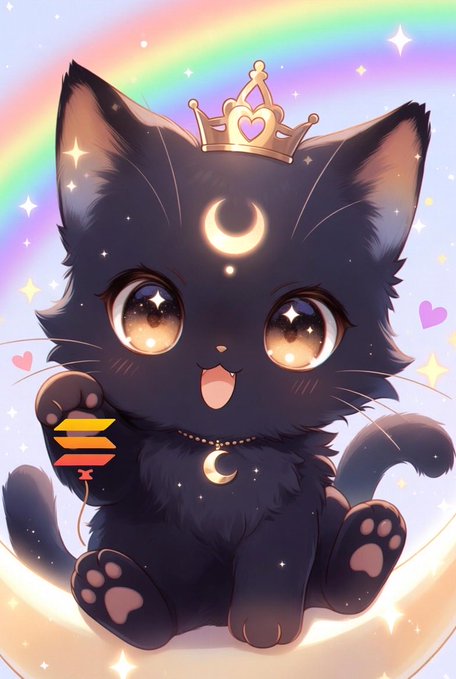 The image features a black cat sitting on top of a white surface, with its paws resting on a small white circle or crescent moon. The cat has a crown on its head and a heart-shaped pendant around its neck. In the background, there is a rainbow arching across the sky, adding to the whimsical atmosphere of the scene. The image also includes text that reads "TSUKI will make Solana great again".