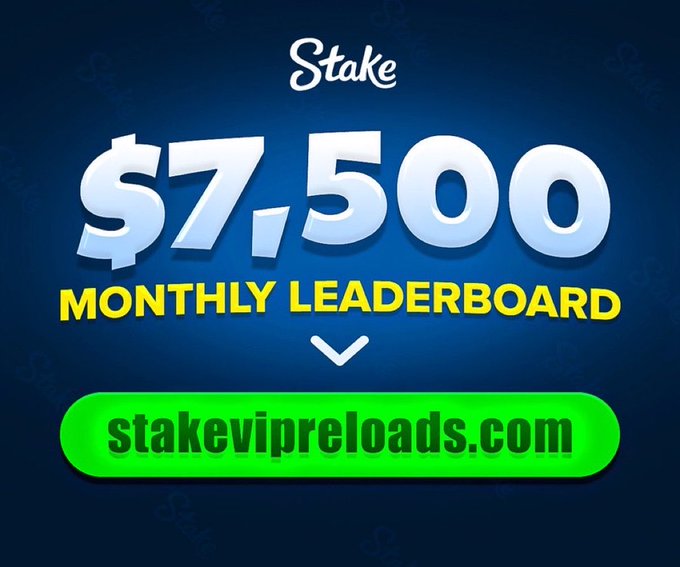 A promotional graphic with a blue background featuring the "Stake" logo, large text reading "$7,500 MONTHLY LEADERBOARD," and a green button displaying "stakevipreloads.com," visually announcing the October leaderboard giveaway mentioned in the post.