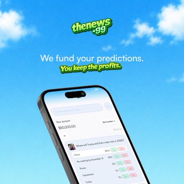 The image shows a promotional graphic for "TheNews $99" with the tagline "We fund your predictions. You keep the profits," featuring a smartphone displaying a dashboard with account details ($50,050.00) and an event about Trump and Putin that needs confirmation. This relates to the post by showcasing TheNews as the first live application built on Funded Protocol's decentralized prop firm infrastructure, which leverages real-world event data for trading predictions.