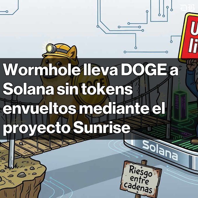 A cartoon-style graphic featuring a Dogecoin dog in mining gear on a bridge over 'Solana' with Spanish text reading 'Wormhole lleva DOGE a Solana sin tokens envueltos mediante el proyecto Sunrise.'