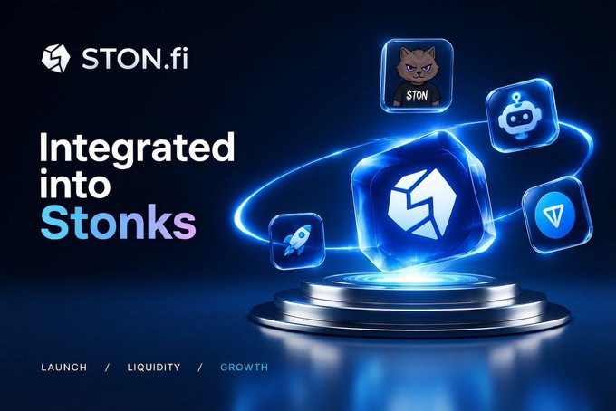 The image is a promotional graphic for STON.fi announcing its "Integrated into Stonks" integration, featuring the STON.fi logo alongside icons representing the Stonks cat, a rocket, bot, and Toncoin (TON) token orbiting a glowing central emblem. It reinforces the post's point about meaningful TON infrastructure adoption by highlighting STON.fi's connection with @stonksbots, with the tagline "LAUNCH / LIQUIDITY / GROWTH."