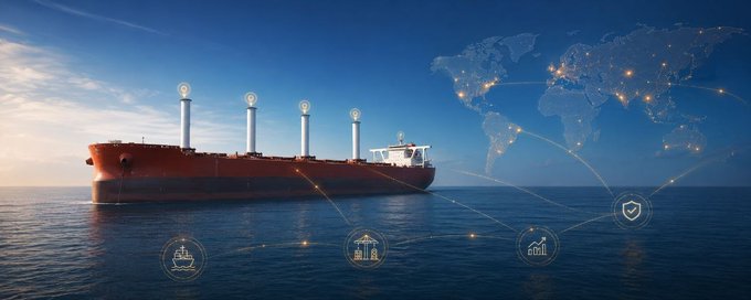 The image depicts a large cargo ship at sea, overlaid with digital icons and a glowing world map, symbolizing real-time maritime tracking and global connectivity.

This visual perfectly aligns with the post by illustrating the tangible shipping assets that back Sea Verity's network, contrasting real-world vessel verification with the outdated paper-tokenization model most RWA projects rely on.