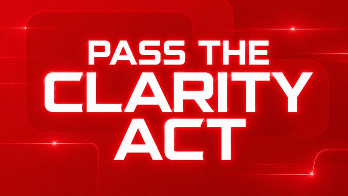A bold red graphic features the white text "PASS THE CLARITY ACT" in a stacked, stylized font, serving as a promotional call to action supporting the Blockchain Association's endorsement of a CoinDesk editorial advocating for the legislation's passage.