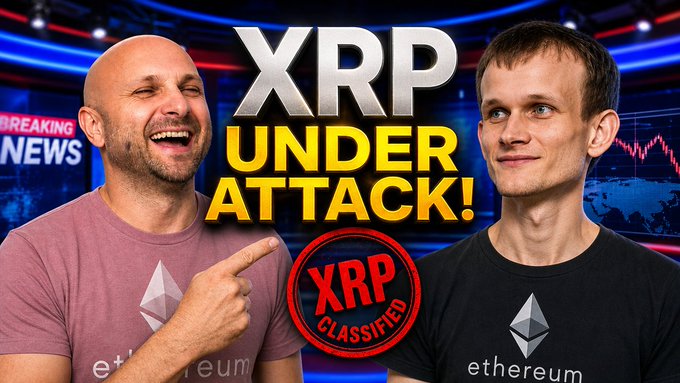A YouTube thumbnail shows two men wearing Ethereum shirts pointing toward bold text reading "XRP UNDER ATTACK!" alongside an "XRP CLASSIFIED" stamp and a "BREAKING NEWS" banner, promoting a video discussing the CLARITY Act's remaining ethics issue following MCSA neutrality and NOBLE's endorsement.