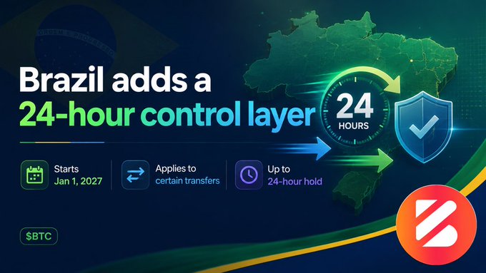 A digital banner with the headline 'Brazil adds a 24-hour control layer' over a map of Brazil, detailing that the new measure starts Jan 1, 2027, applies to certain transfers, and allows up to a 24-hour hold, tagged with '$BTC'.